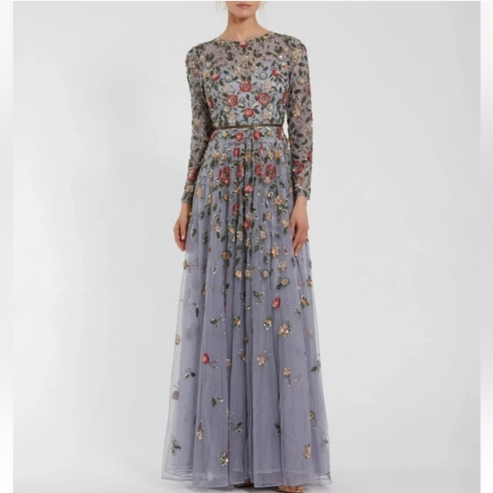 Mac Duggal Floral Embroidered Maxi Dress - Gray and Multicolor